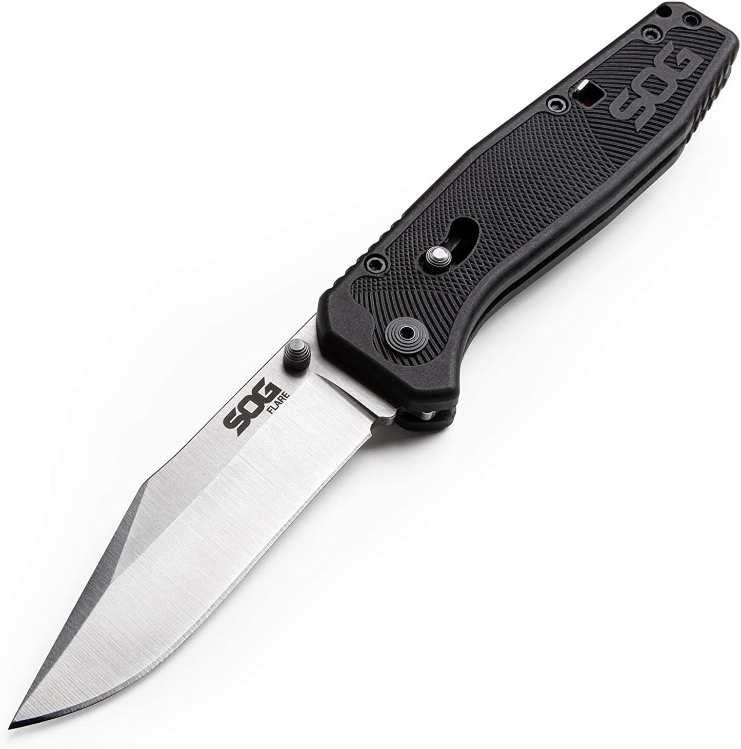 SOG Flare Folding and Pocket Knife Assisted Opening Tech Knife w/ 3.5 Inch Stainless Straight Edge Blade & Tactical Knife GRN Grip (FLA1001-CP). Black