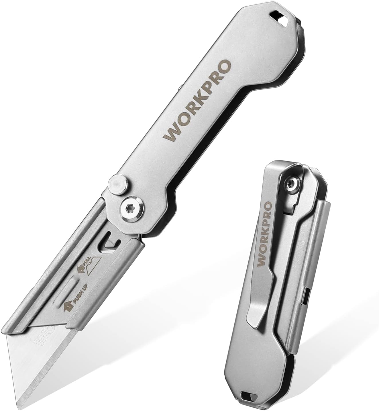 WORKPRO EDC Folding Utility Knife. Mini Box Cutter with Quick Open Axis Lock. Quick Change Blade Razor Knife. Foldable Small Pocket Knife with Belt Clip