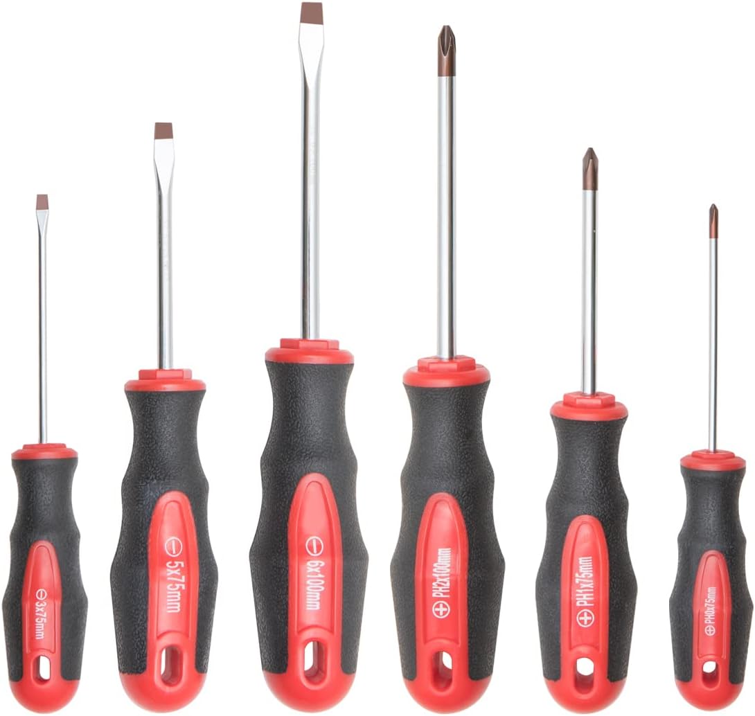 ROTATION 6PCS Magnetic Tip Screwdriver Set. 3 Phillips and 3 Flat. Red Tip | Red. Gloss. S2 Steel)