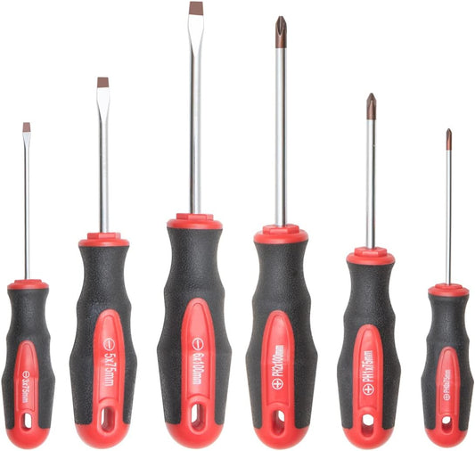 ROTATION 6PCS Magnetic Tip Screwdriver Set. 3 Phillips and 3 Flat. Red Tip | Red. Gloss. S2 Steel)