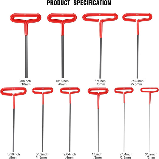 Honoson 10 Pieces T-handle Hex Key Set 9 Inch Long Hex Key Wrenches Kit Sizes 3/32. 7/64. 1/8. 9/64. 5/32. 3/16. 7/32. 1/4. 5/16. 3/8 Inches(Red)