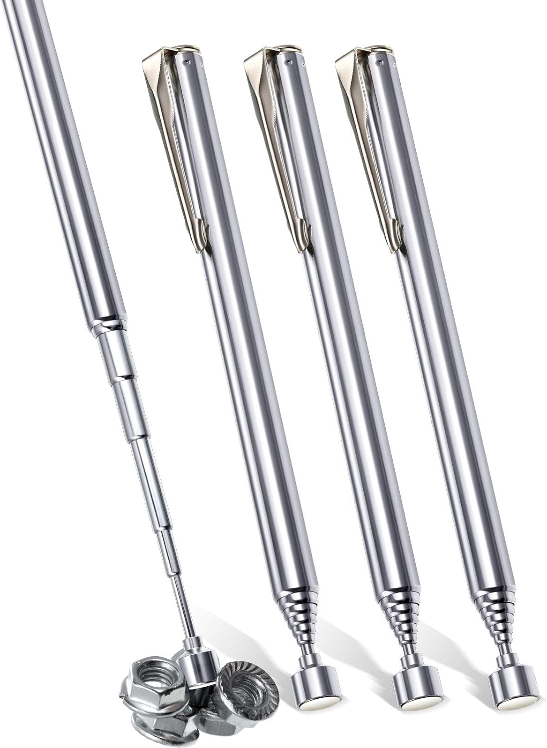 Patelai 4 Pieces Telescoping Magnetic Pick up Tool Grabbers Reacher Tools with Pocket Clip 25 Inch Telescopic Retrieving Magnet Gift for Man. Father. Mechanic. Handyman. Husband (Silver)