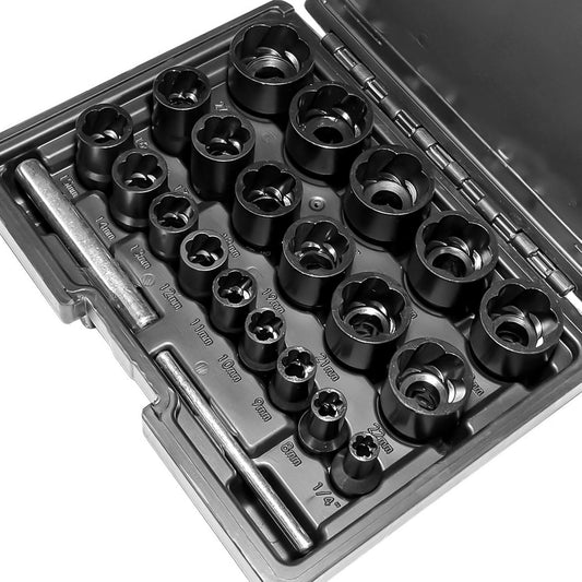 22pcs Bolt Nut Extractor Set Metric 8-27mm Impact Lug Removal Tool 1/2 and 3/8 Drive Wheel Lock Removal Kit for Extracting Damaged. Stripped Frozen Nuts & Screws Twist Socket Set