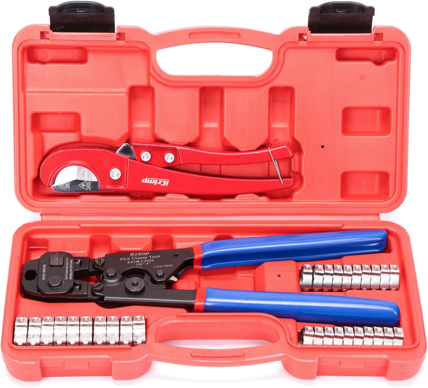 iCRIMP Ratchet PEX Cinch Tool with Removing function for 3/8 to 1-inch Stainless Steel Clamps with 20PCS 1/2-inch and 10PCS 3/4-inch PEX Clamps and Pipe Cutter- All in One