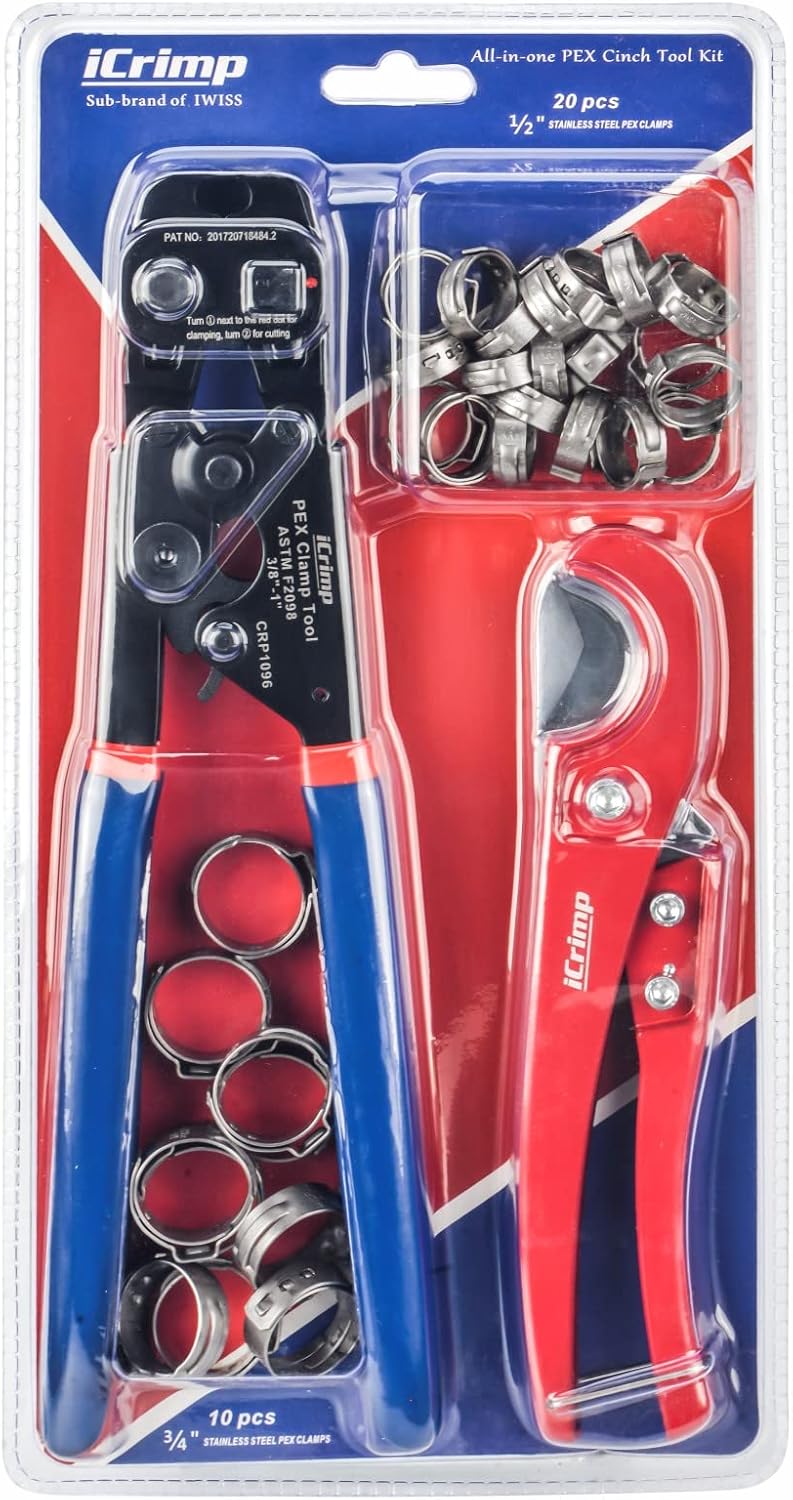 iCRIMP Ratchet PEX Cinch Tool with Removing function for 3/8 to 1-inch Stainless Steel Clamps with 20PCS 1/2-inch and 10PCS 3/4-inch PEX Clamps and Pipe Cutter- All in One