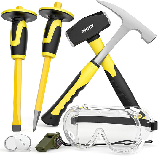 INCLY 7 Pcs Geology Rock Pick Equipment Kit. 3lb Sledge &32 oz Rock Hammer with 2PCS 12 Mason Concrete Chisel.Safety Glasses. Jewelers loupe. Tool Set for Hounding. GoldMining. Stone Breaking
