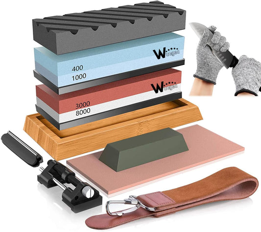 Knife Sharpening Stone Kit ¨C 400/1000 3000/8000 Grit Wet Kitchen Whetstone Knife Sharpener Set with Non-slip Bamboo Rubber Base. Angle Guide. Flattening. Leather Strop and Cut Resistant Gloves