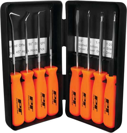 Performance Tool W941 8-Piece Specialty Pick/Driver Set. Precision Pick & Hook Set with Scraper